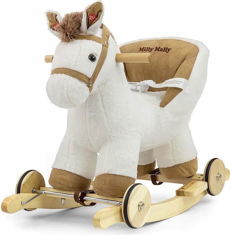 Kalë luhatës 2-në-1, Milly Mally, Polly, me rrota dhe tinguj, 12–36 muaj, i bardhë