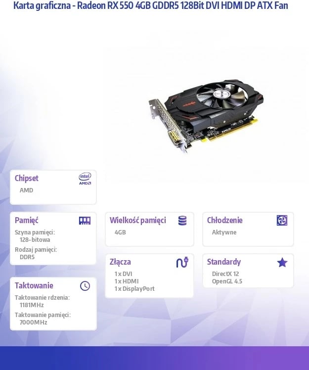 Kartelë grafike AFOX Radeon RX 550 AFRX550-4096D5H4 4GB GDDR5 128-bit DVI/HDMI/DisplayPort, e zezë