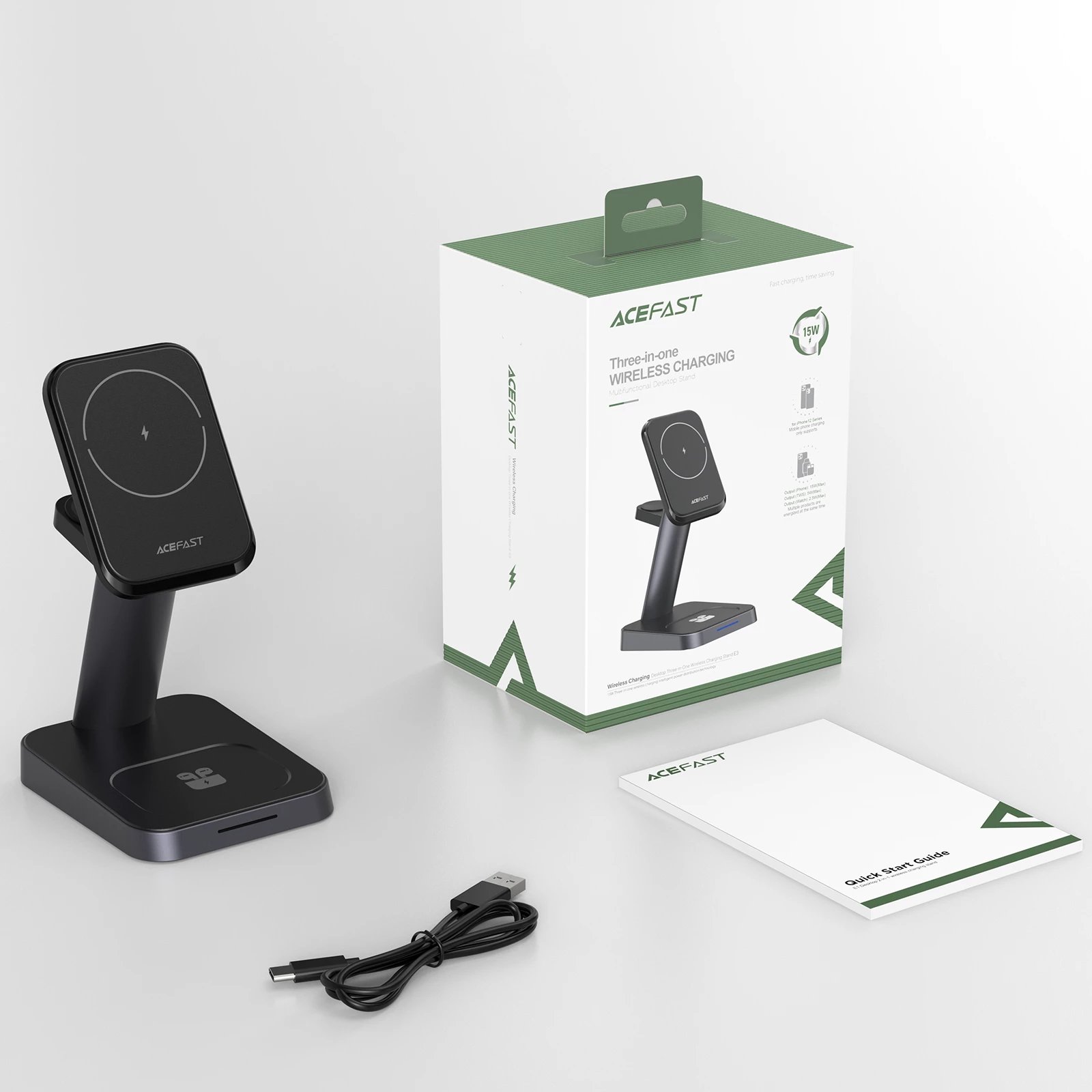 Karikues wireless Acefast E3, 15W, për iPhone me MagSafe, Apple Watch dhe AirPods, i zi