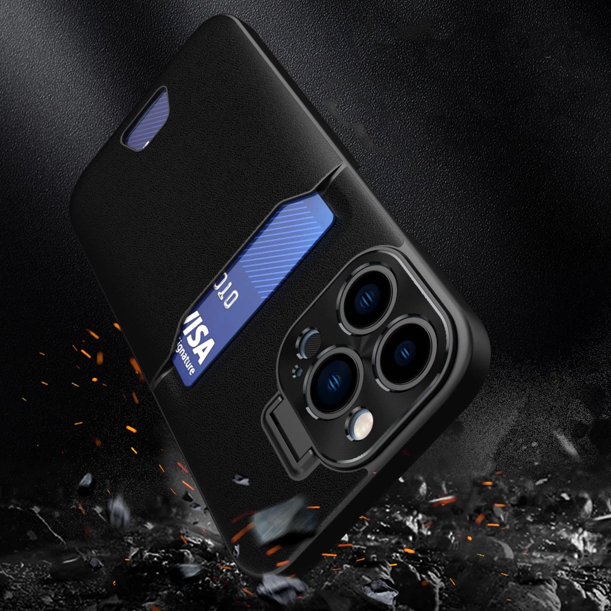 Mbështjellës Hurtel Leather Stand Case për iPhone 14 Pro, me xhep kartelash dhe mbajtëse, e zezë