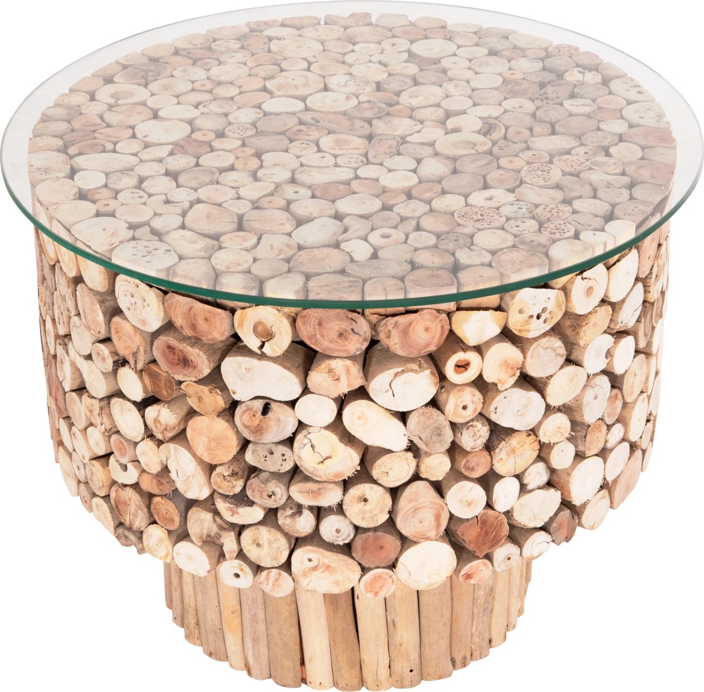 Tavolinë kafeje rrethore SPARROW, dru i larë nga deti, xham, Φ65x51.5cm