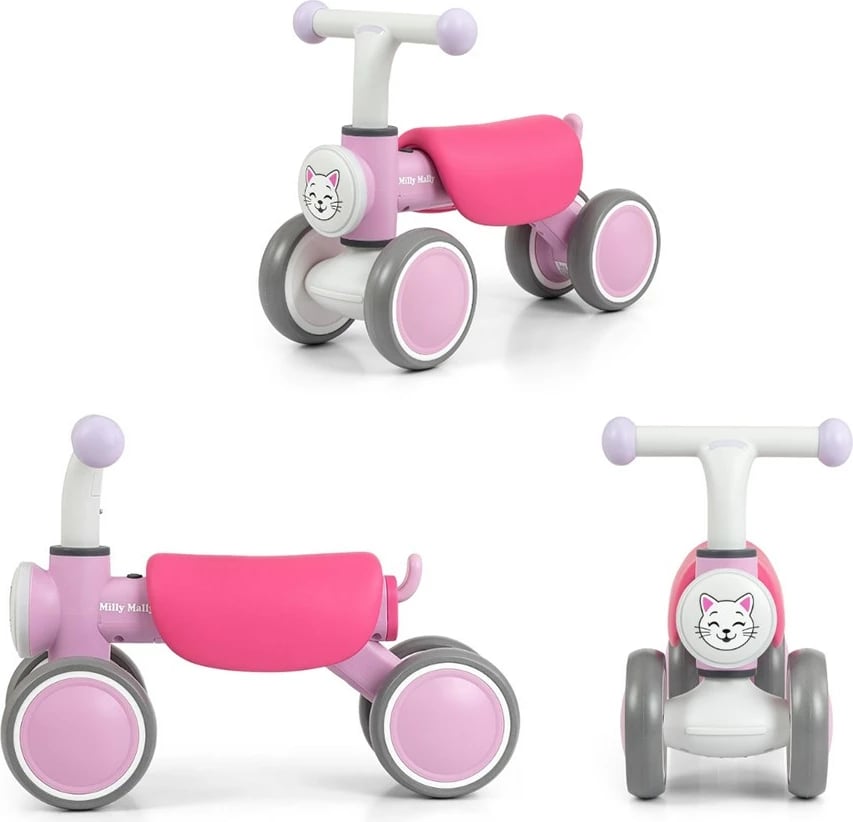 biçikletë pa pedale, Milly Mally, York, 4 rrota EVA 16 cm, dritë LED dhe tinguj, 12–36 muaj, rozë