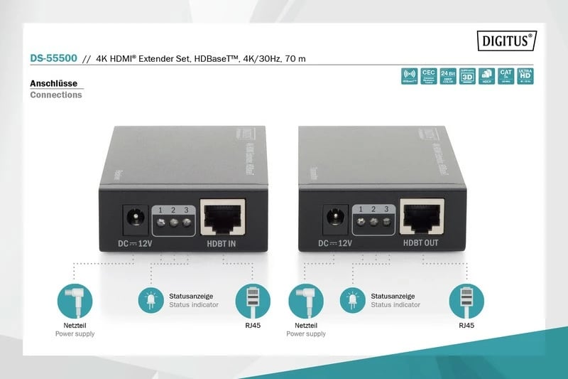 Zgjatues HDMI Digitus DS-55500, HDBaseT, 4K 30Hz, set, i zi