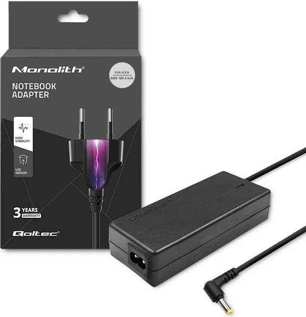 Adapter rryme për laptop Qoltec 65W, 19V, 3.42A, 5.5x1.7 mm, me kabllo, i zi