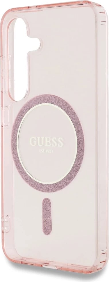 Mbështjellës Guess Glitter Circle Classic Logo MagSafe për Samsung Galaxy S25, Rozë