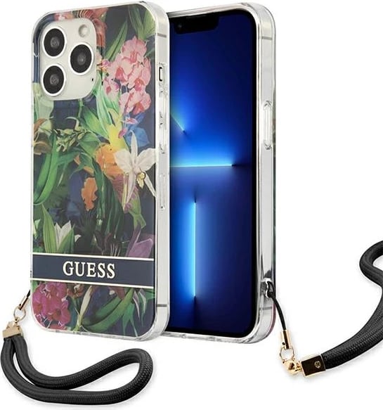 Mbështjellës Guess Flower Strap për iPhone 13 Pro Max 6.7", TPU, Blu me lule
