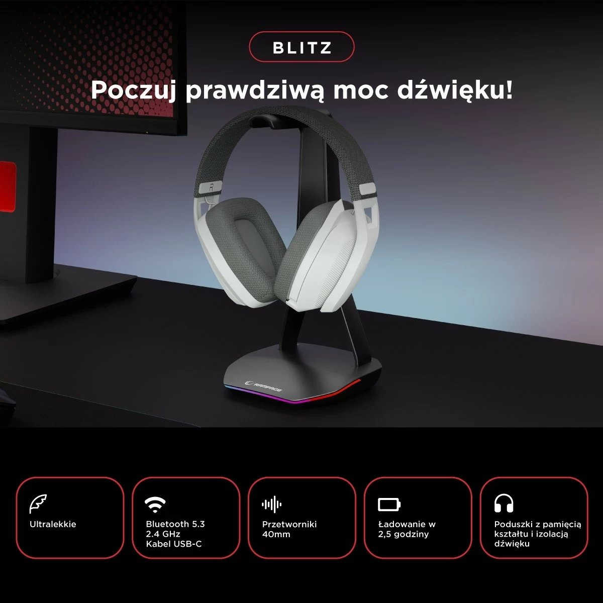 Kufje gaming Rampage BLITZ, Bluetooth 5.3, me mikrofon, gri