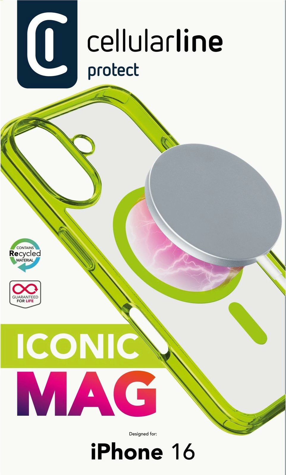 Mbështjellës Cellularline Iconic Mag për iPhone 16, MagSafe, 6.1", lime
