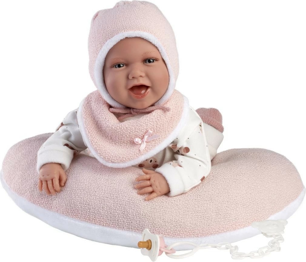 Kukull bebe Llorens Mimi 42 cm me jastëk kroasant, rozë