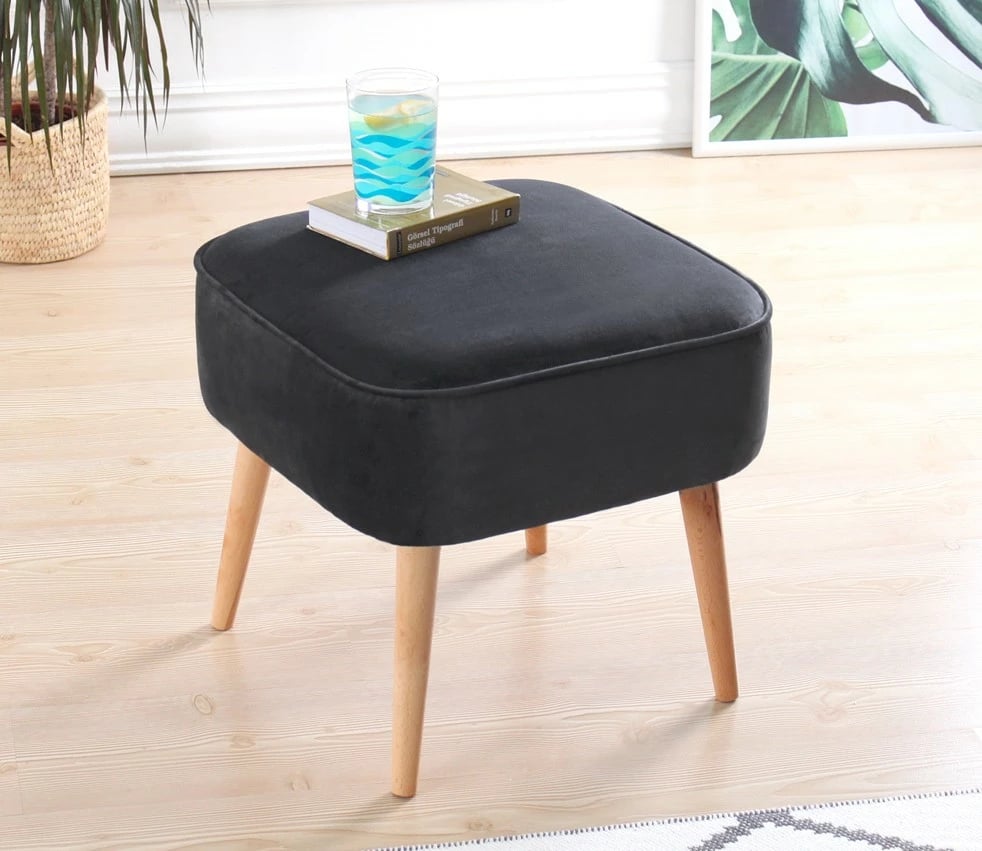 Puf prej kadifeje, ngjyrë gri e errët, këmbë druri, Moouv 7081