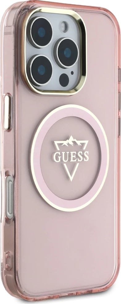 Mbështjellës Guess IML Metal Mountain Logo MagSafe për iPhone 16 Pro, Rozë
