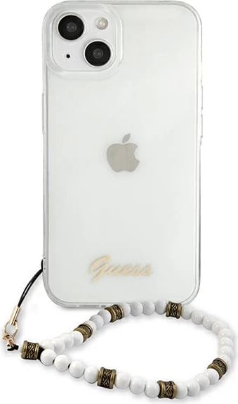 Mbështjellës Guess GUHCP13MKPSWH për iPhone 13 6.1", transparent, me varëse perlë