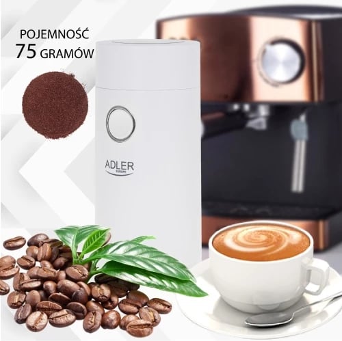 Mulli kafeje Adler AD 4446, 150 W, kapacitet 75 g, kapak transparent me bllokim sigurie, e bardhë/argjendtë Mulli kafeje Adler AD 4446, 150 W, kapacitet 75 g, kapak transparent me bllokim sigurie, e bardhë/argjendtë