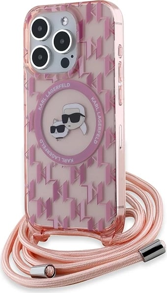 Mbështjellës Karl Lagerfeld IML Crossbody Monogram Karl & Choupette Head MagSafe për iPhone 15 Pro Max, Rozë