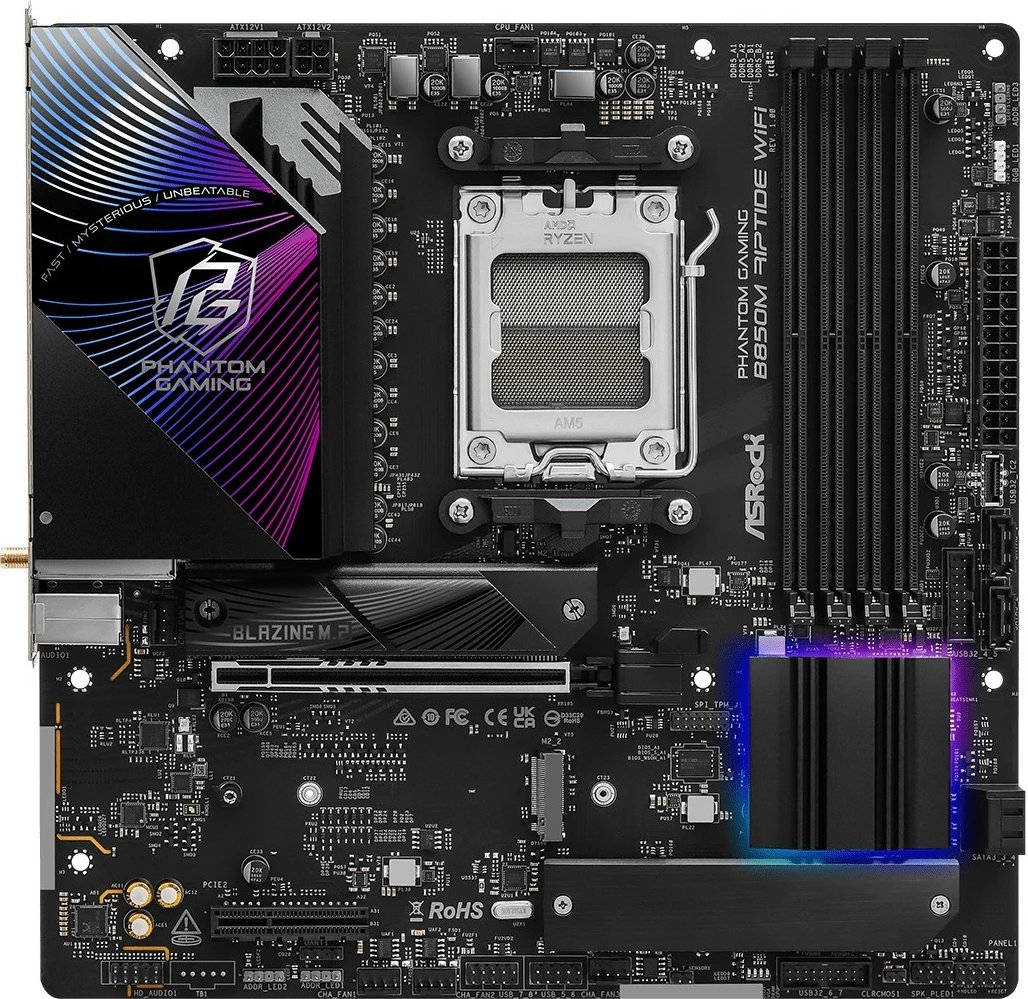 Pllakë amë ASRock Phantom Gaming B850M Riptide WiFi, AMD, Socket AM5, DDR5-SDRAM, 256 GB