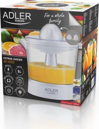 Shtrydhëse agrumesh, Adler AD 4009, 1L, 40W (max 60W), rrotullim djathtas/majtas, rregullim tuli, auto start/stop, e bardhë