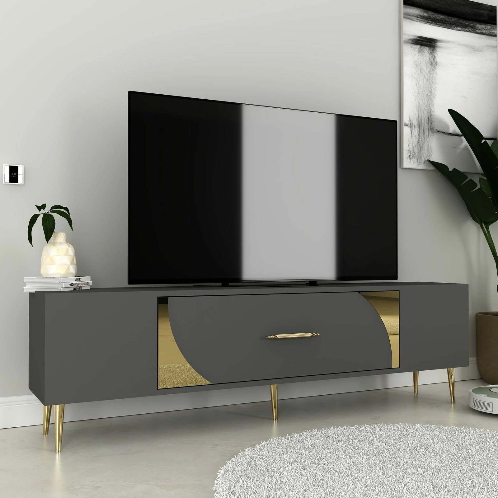 Komodë për TV Skye Decor, anthracite dhe ari, Dekop2