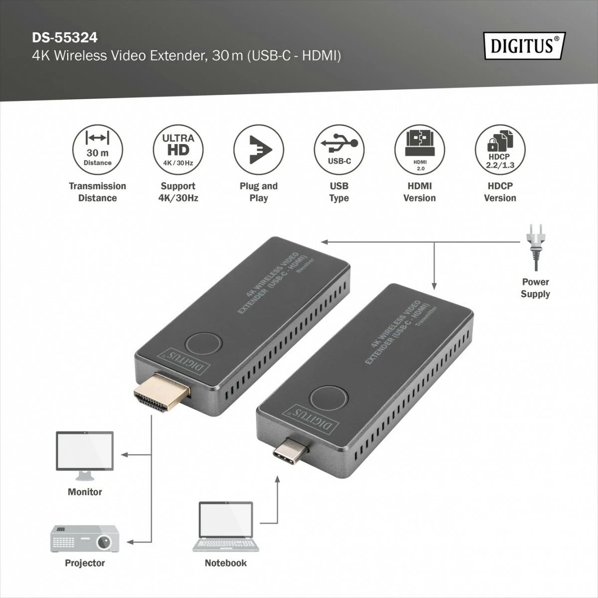 Set wireless HDMI extender Digitus DS-55324, UHD 4K, 30m, USB-C, zi/argjendtë Set wireless HDMI extender Digitus DS-55324, UHD 4K, 30m, USB-C, zi/argjendtë
