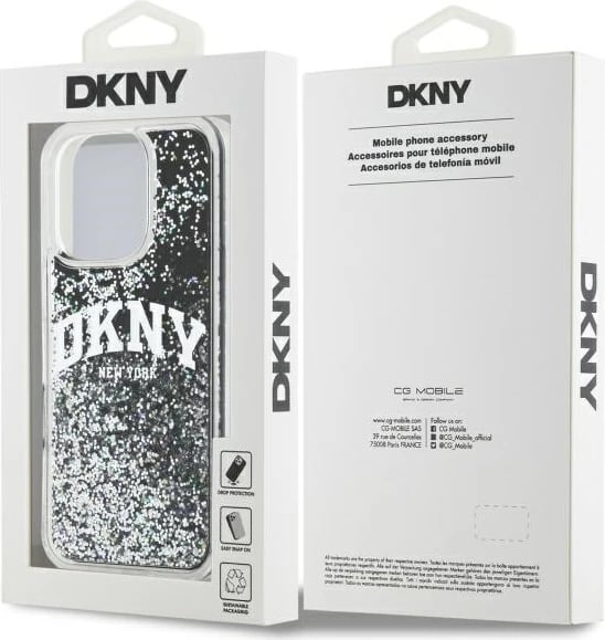 Mbështjellës DKNY DKHCP16LLBNAEK për iPhone 16 Pro 6.3", hardcase, Liquid Glitter Arch Logo, zi