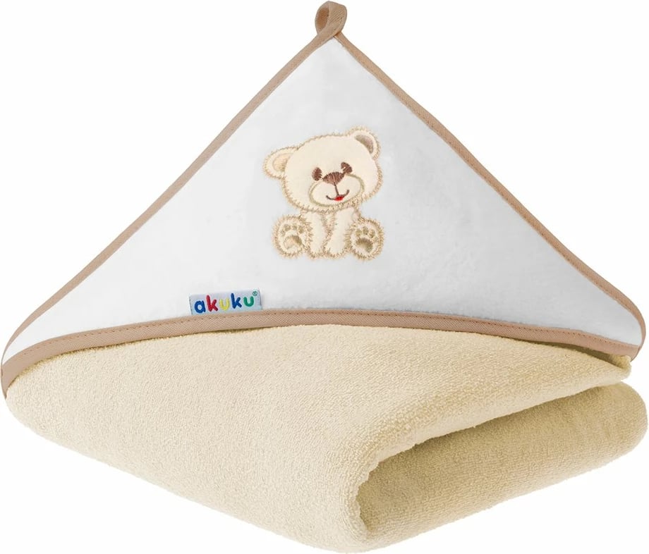 Peshqir bebe me kapuç, Akuku, 100x100 cm, motiv arush, bej