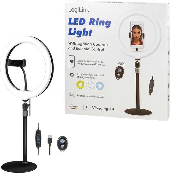Dritë unazore LED LogiLink AA0152, mbajtës për celular, 700 lm, 17.8 cm, USB