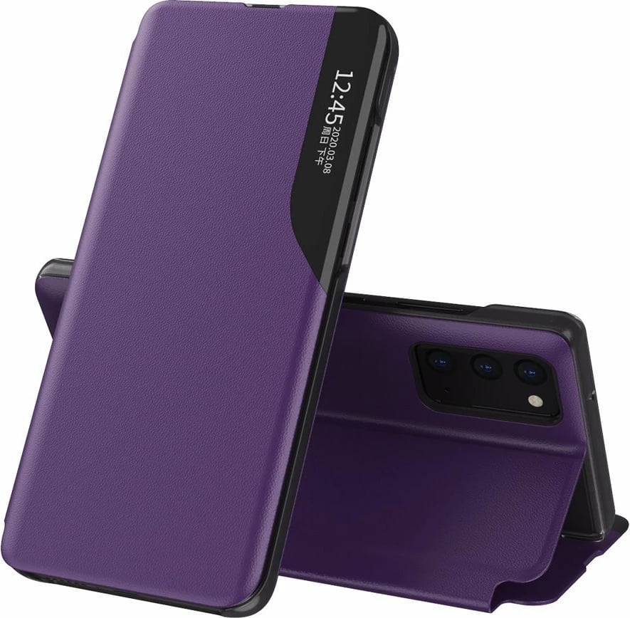Mbështjellës Hurtel Eco Leather View Case për Samsung Galaxy A72 4G, me kapak dhe mbajtës, vjollcë