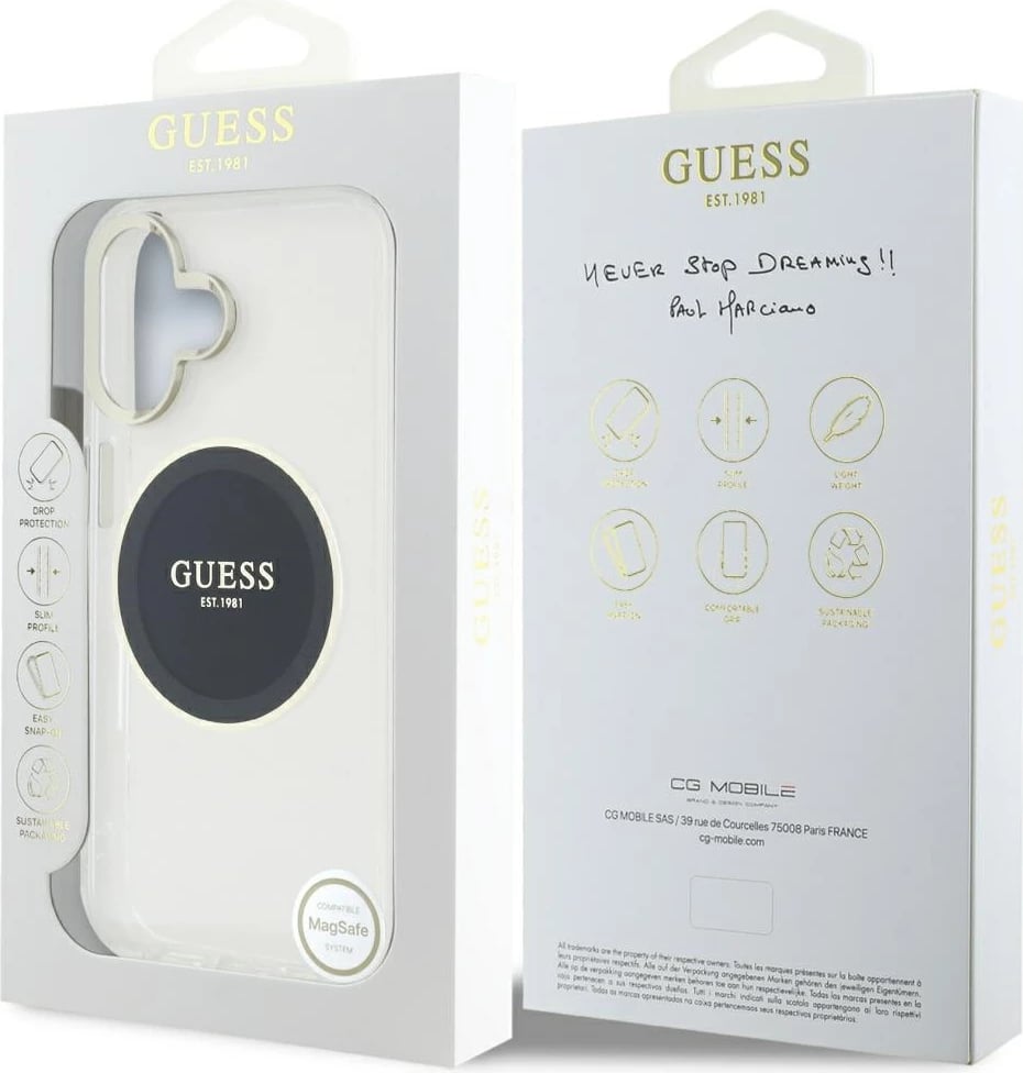 Mbështjellës Guess IML Metal Colored Circle Classic Logo MagSafe për iPhone 16, i zi