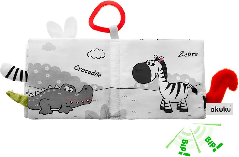 Libër sensorik kontrasti për bebe, Akuku Animals, 12 x 12 cm, me kapëse për karrocë/krevat, shumëngjyrësh