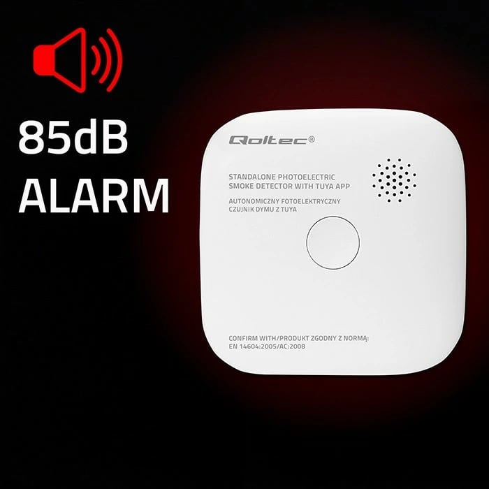 Detektor tymi smart Qoltec 52579, Wi‑Fi Tuya, alarm 85 dB, LED, me bateri CR123A 3V, i bardhë