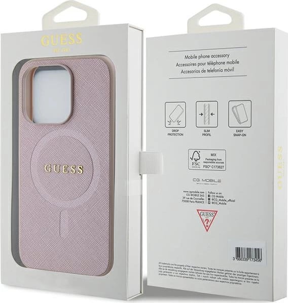 Mbështjellës Guess Saffiano MagSafe për iPhone 15 Pro, Rozë