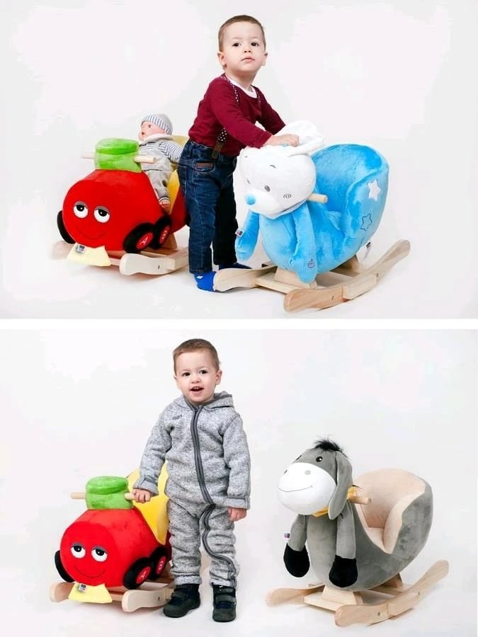 Lodër lëkundëse me melodi, PLAYTO, gomar, sedilje rreth 25 cm, prej plushi, e përshtatshme 18m+, gri