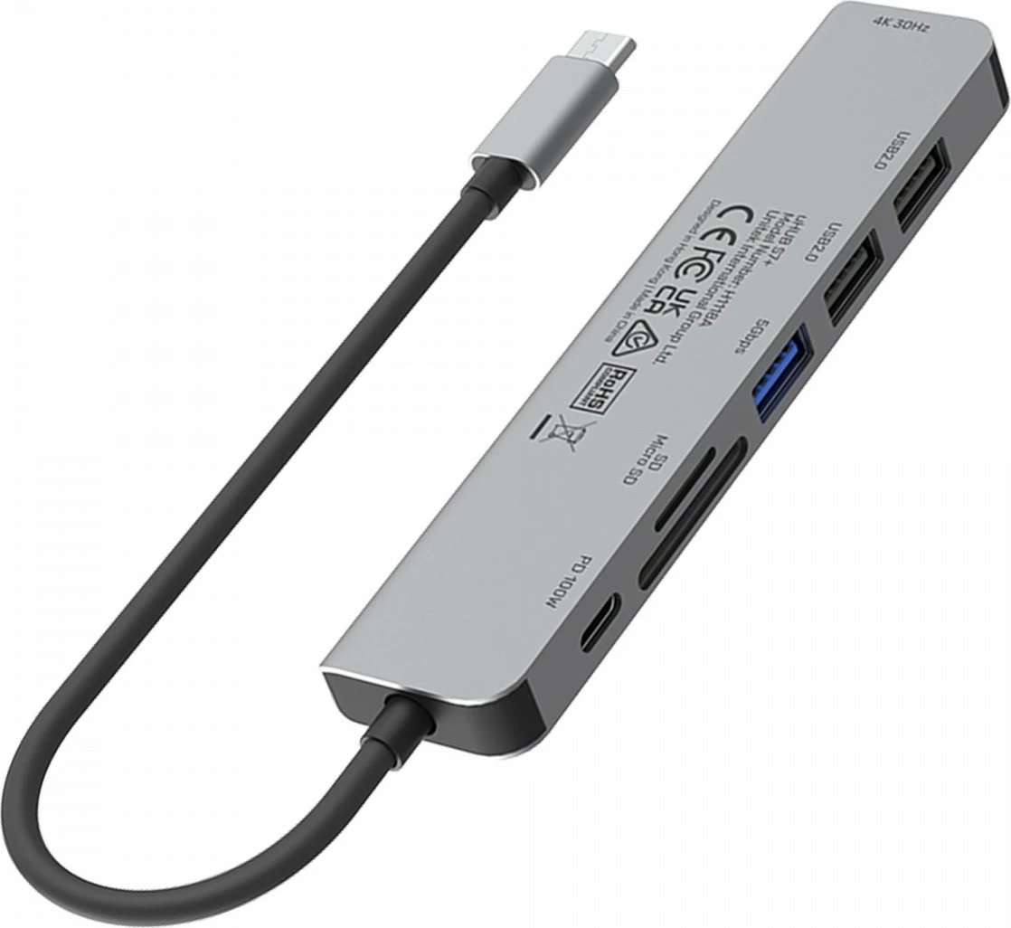 HUB USB-C Unitek H1118A 7-në-1, alumini, 100W PD, HDMI 4K, i zi/gri/argjendtë