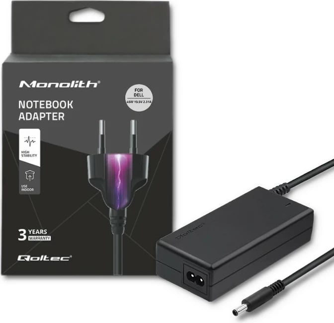 Adapter për laptop Dell Qoltec 45W, 19.5V, 2.31A, 4.5*3.0+pin, i zi