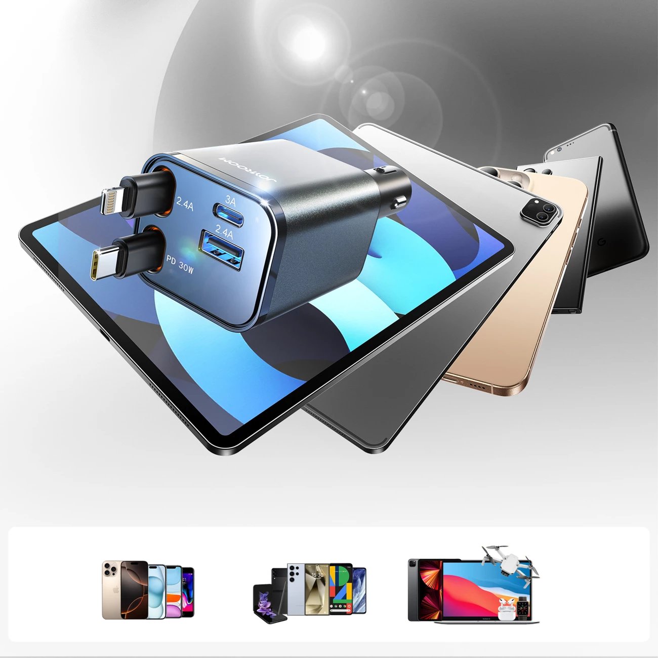 Karikues veture Joyroom JR-CCL05 4-në-1, 30W, me 2 kabllo të tërheqshme, Gri e errët