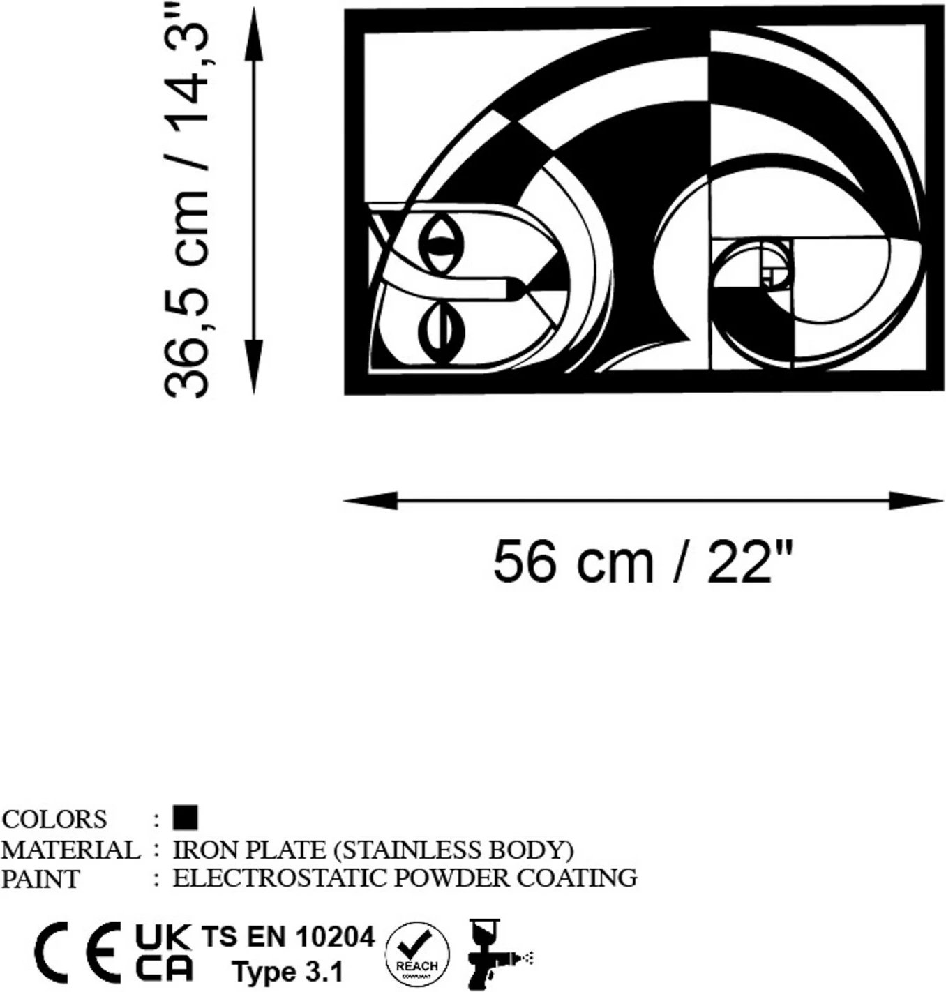 Aksesor dekorativ metalik për mur, Wallity, Fibonacci, ngjyrë e zezë, 56x36.5cm