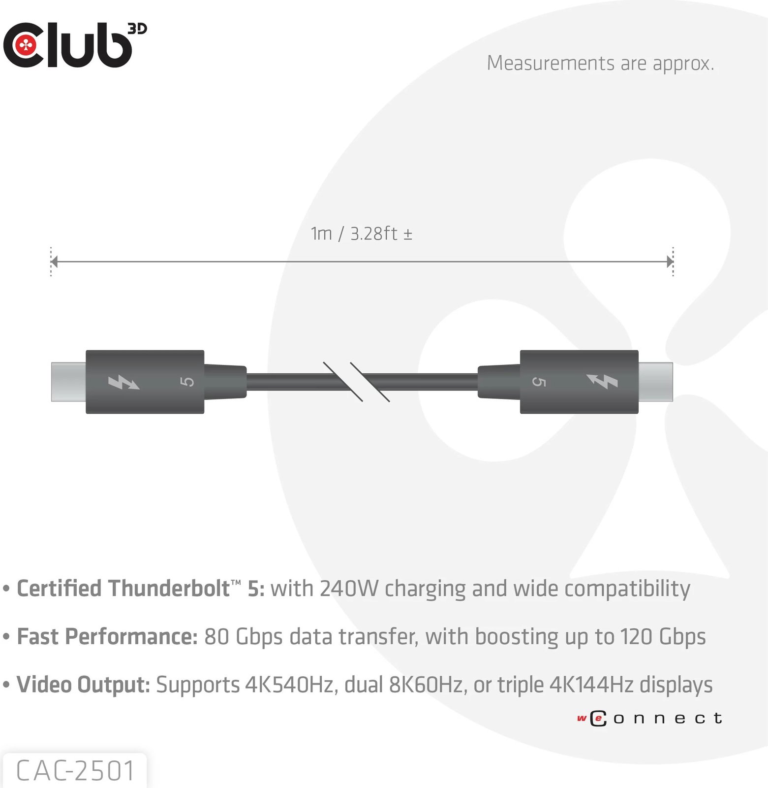 Kabllo Thunderbolt 5 Club3D 1m, 8K240Hz, 80/120Gbps, USB Type-C, e zezë