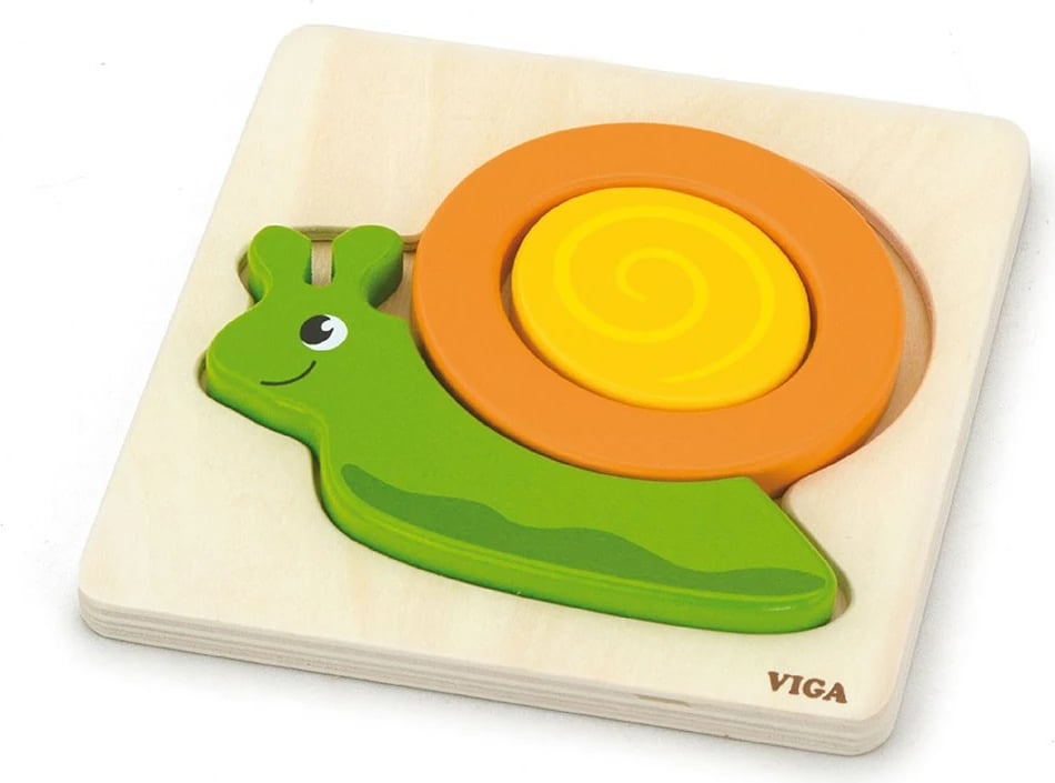 Puzzle druri, Viga, Snail, 4 copa, bazë druri, për 18+ muaj, 145×145×18 mm, shumëngjyrësh