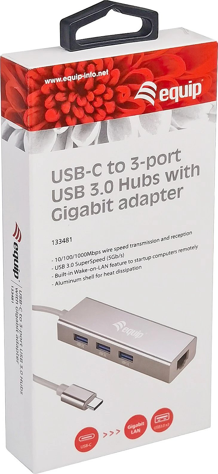 USB-C hub Equip 133481, 3 porte USB 3.0, Gigabit Ethernet, alumini, silver