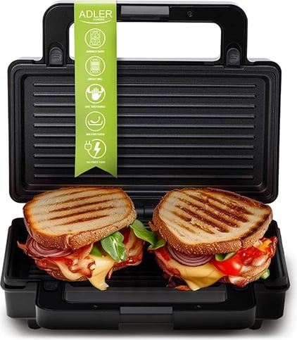 Toster sanduiçash 2-në-1, Adler AD 3073, pllaka të këmbyeshme sanduiçi dhe grill, shtresë jo-ngjitëse, 1000–1400W, i zi