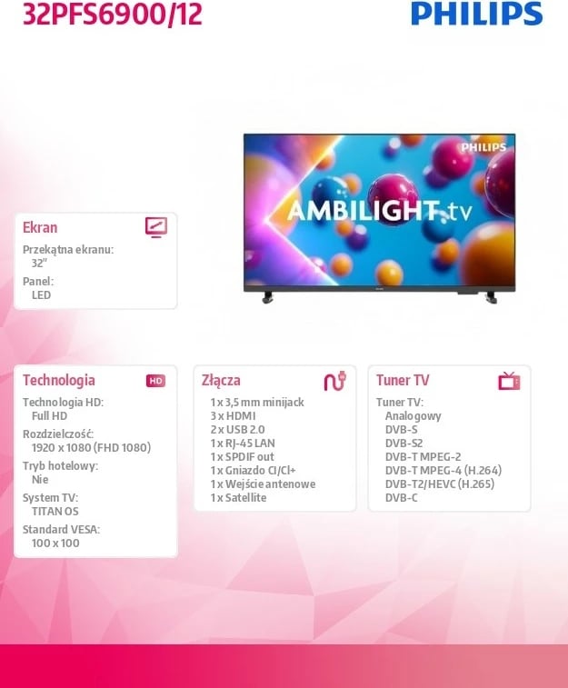 Televizor LED Philips 32PFS6900/12, 32", Full HD, Smart TV, Ambilight