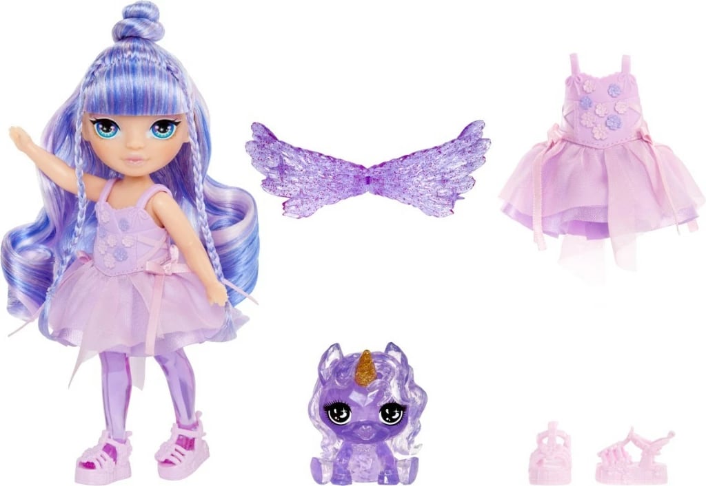 Kukull lodër Rainbow High Littles Amethyst Willow me krahë, 14cm, vjollcë, set me kafshë lodër