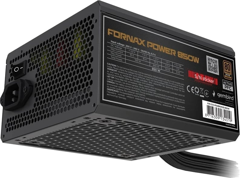 Kasë furnizimi Gembird Fornax Power CCC-PSUBRONZE-850W, 850W, 80 PLUS Bronze, e zezë