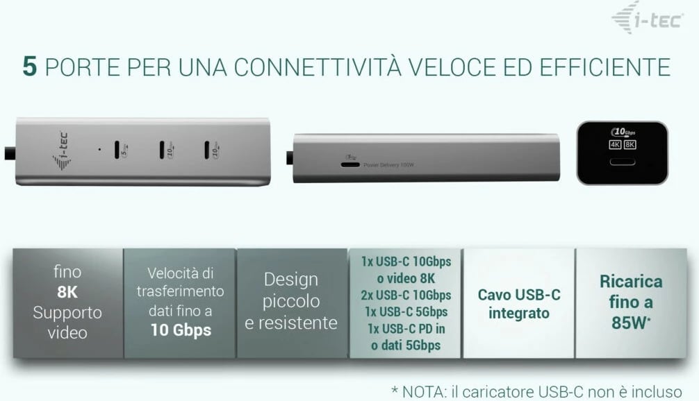 USB-C hub I-Tec D I-TEC, 5 porta, 85W, argjendtë