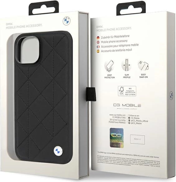 Mbështjellës BMW Leather Quilted për iPhone 14 6.1", i zi
