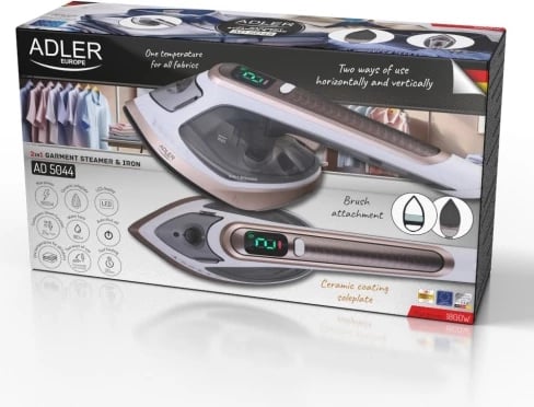 Hekur me avull 2 në 1, Adler AD 5044, 1800W, 180 ml, ngrohje 20 s, pllakë qeramike, LED, përdorim horizontal/vertikal, e bardhë/ari