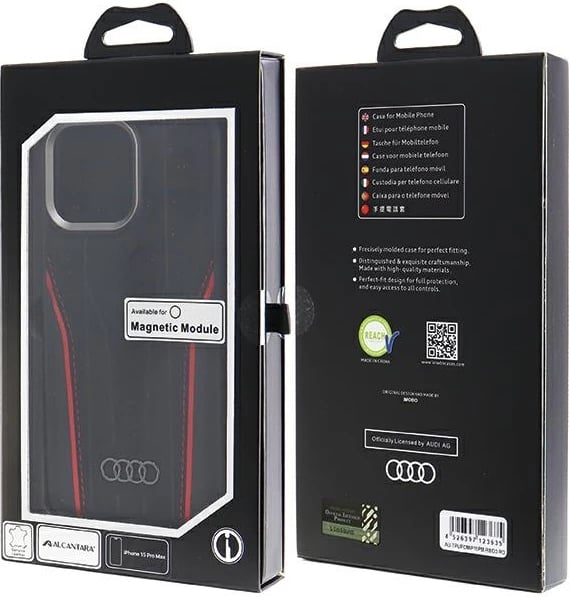 Mbështjellës Audi Genuine Leather me MagSafe për iPhone 15 Pro Max, zi e kuqe