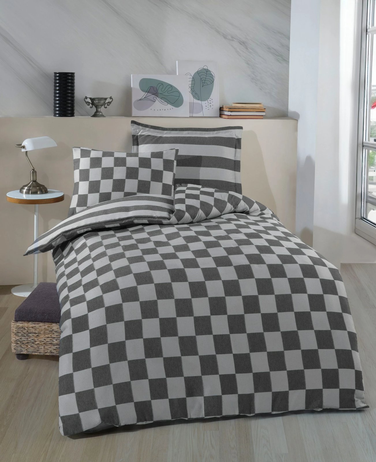 Set mbulesë jorgani Single XL, saten me katrorë, ngjyrë e zezë, L'essentiel