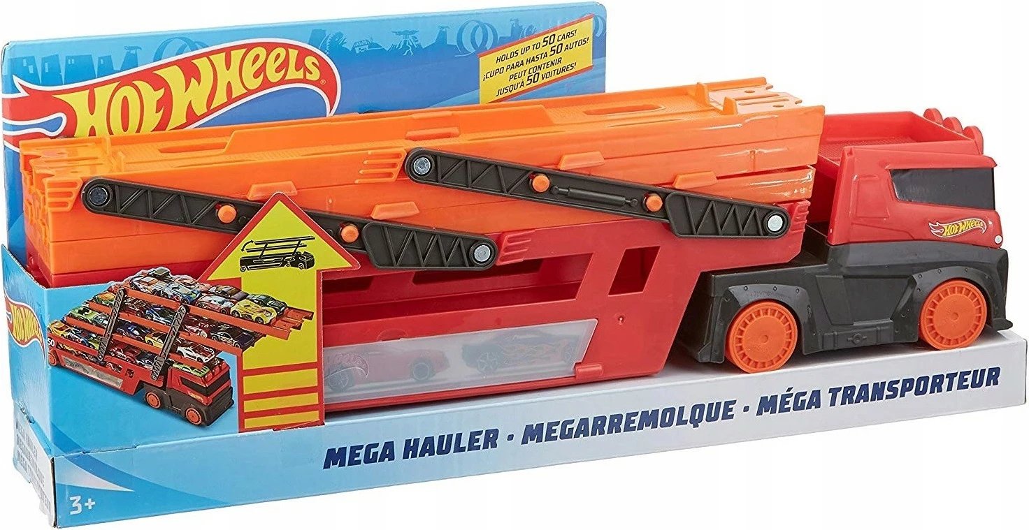 Kamion lodër Hot Wheels Mega Transporter Truck 50th Anniversary, plastikë, zi/portokalli/kuq