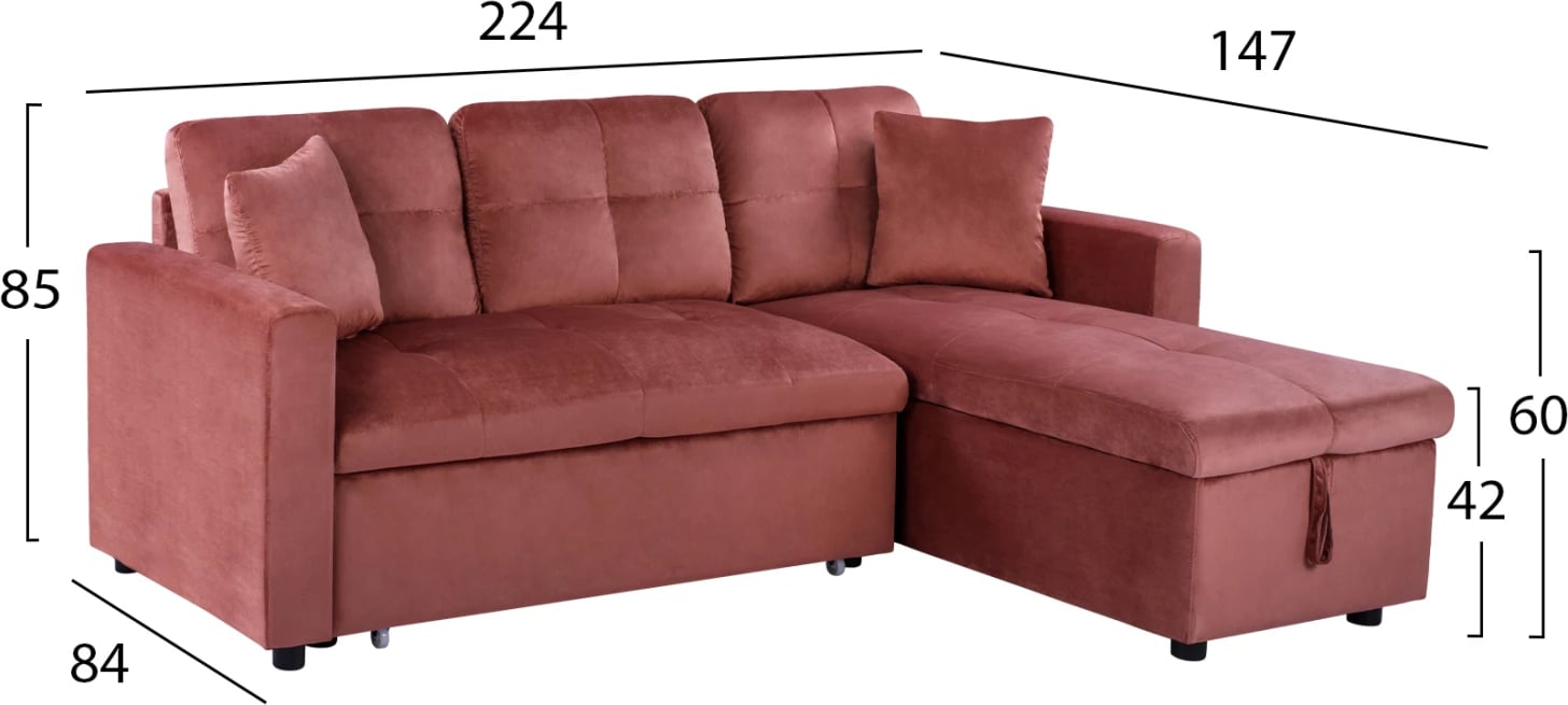 Divan qoshe me shtrat, ngjyrë rozë e zbehtë, FH3028.12, 224x147x85 cm