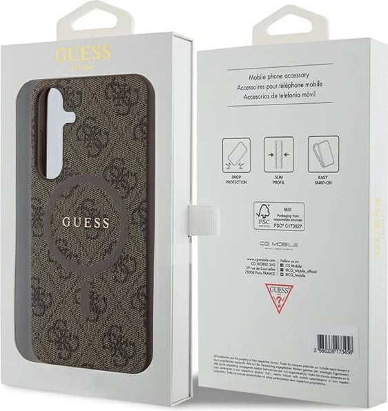 Mbështjellës Guess 4G Collection Leather Metal Logo MagSafe për Samsung Galaxy S24+, kafe Mbështjellës Guess 4G Collection Leather Metal Logo MagSafe për Samsung Galaxy S24+, kafe